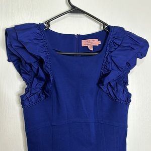 TED Baker fitted bodycon midi dress royal blue ruffle sleeves women’s size 1/XS